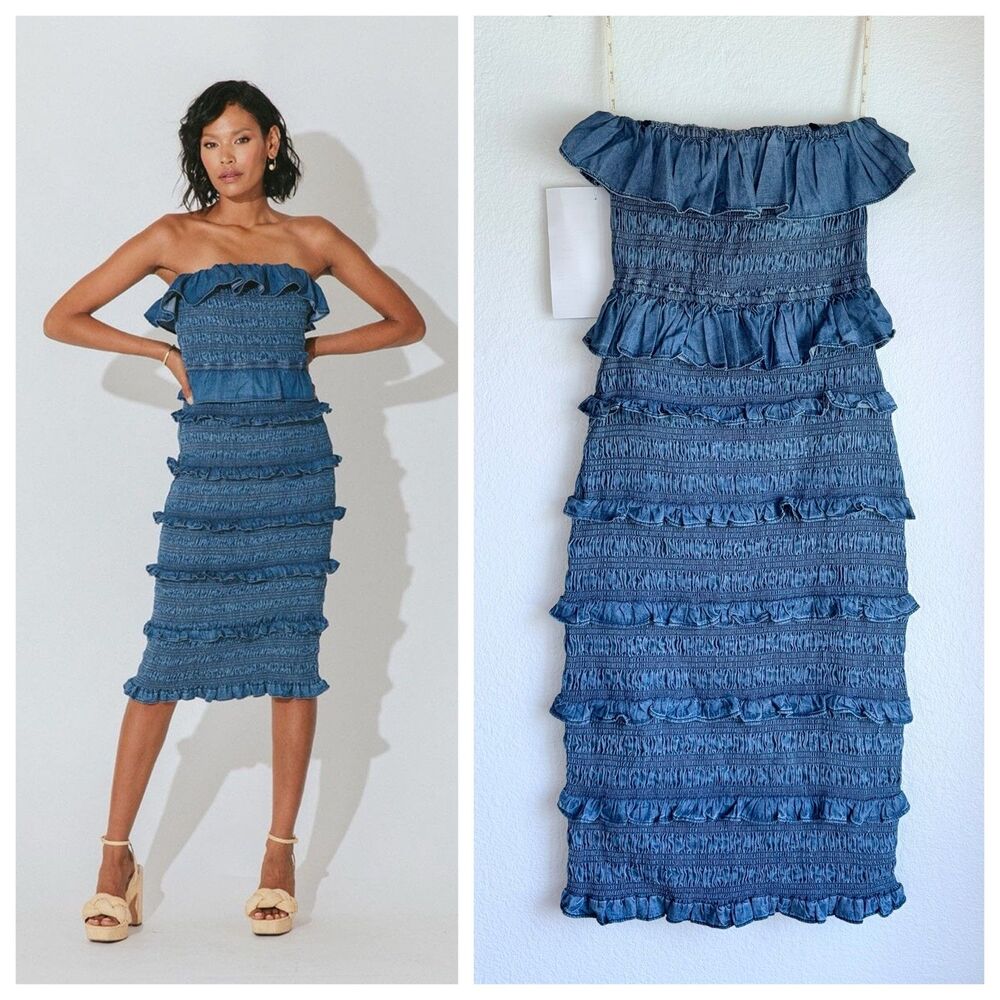 NWT Cleobella Ezra Bodycon Strapless Ruffle Midi Dress in Blue Denim Size XS